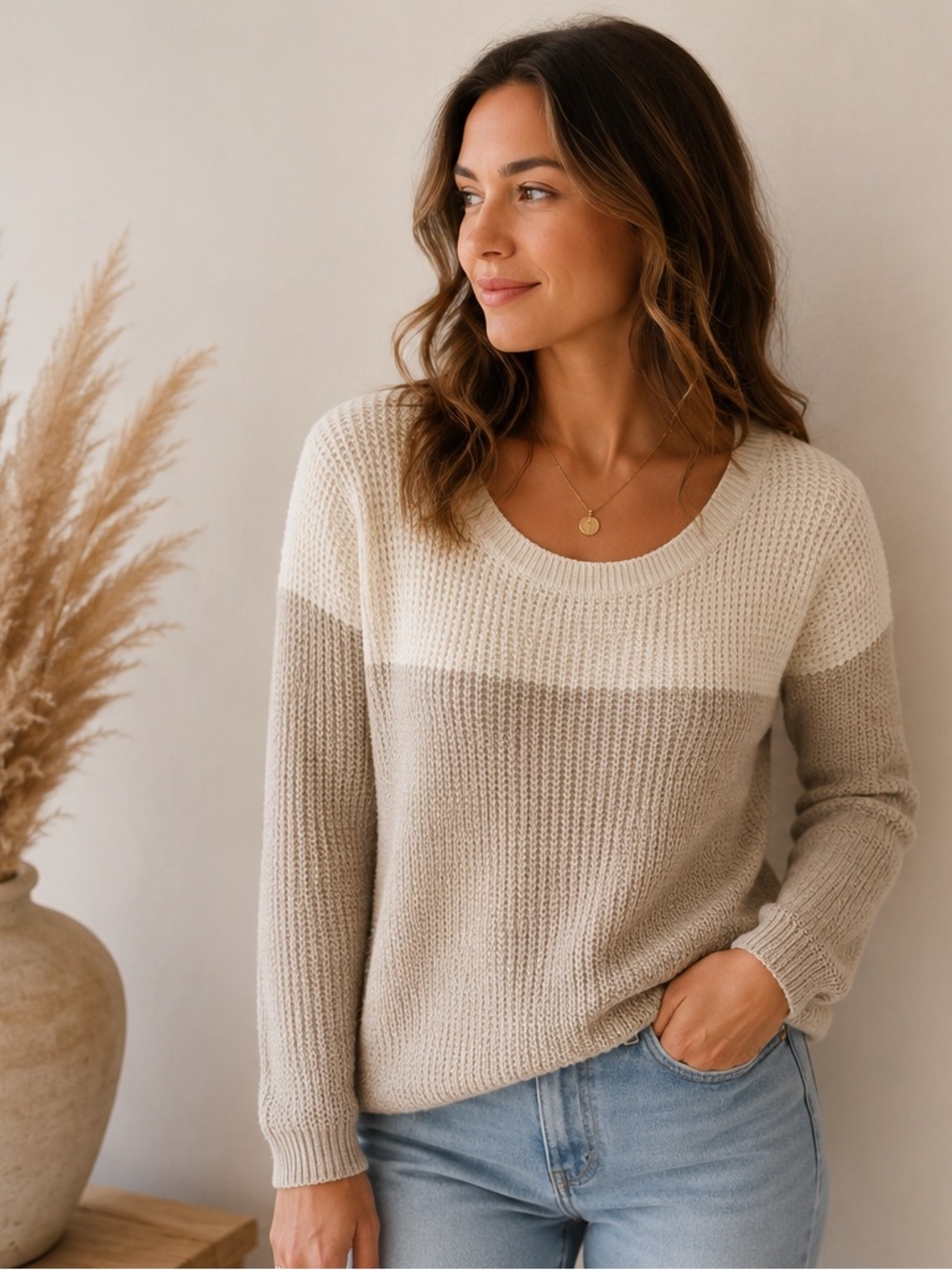 Akris Punto 100% Linen Flax Pull over Knit Sweater ColorBlock Tan Cream 4 Small